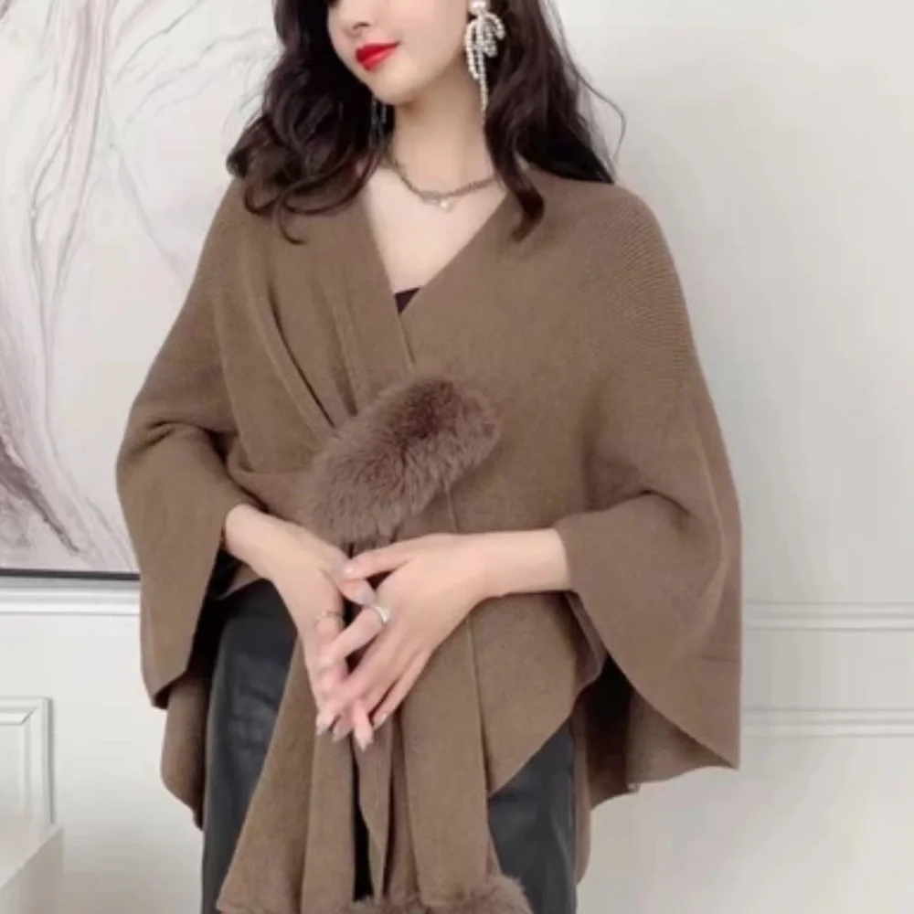 Knit Faux Fur Keyhole  Pom Pom Edge Scarf Wrap Shawl dh.